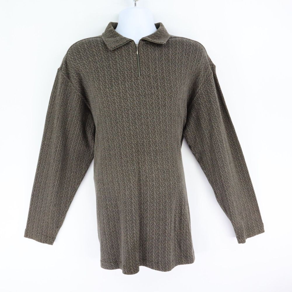Perry Ellis Sweater 1/4 Zip Tight-Knit Mens L Brown Herringbone 100% Cotton Soft
